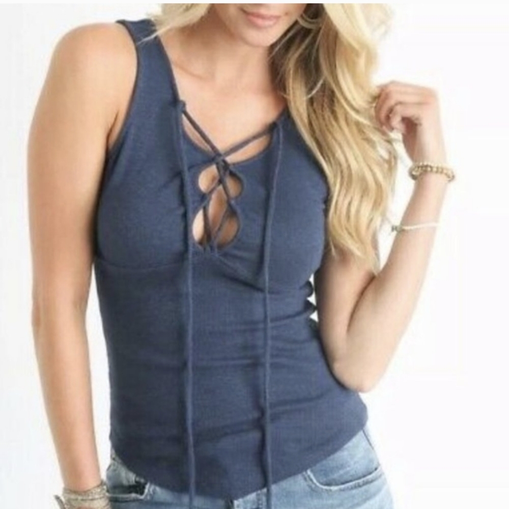 Free People grey Lace-Up Ribbed Tank Top